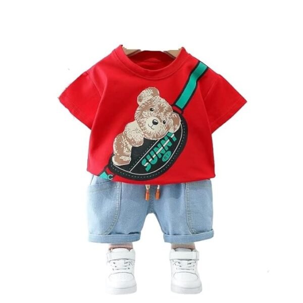 Googo Gaaga Boy's Cotton Printed T-Shirt with Denim Shorts Set in Red Color