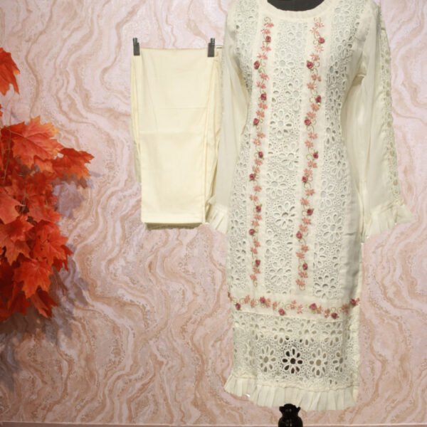 Delicate Cream Floral Lace Kurti with Matching Trousers