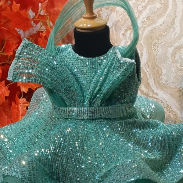 Elegant Turquoise Ruffled Dress with Sparkling Sequin Accents