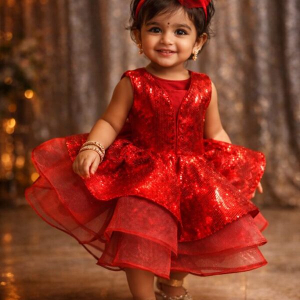 Red Hot Sequin Tiered Frock for Baby Girls