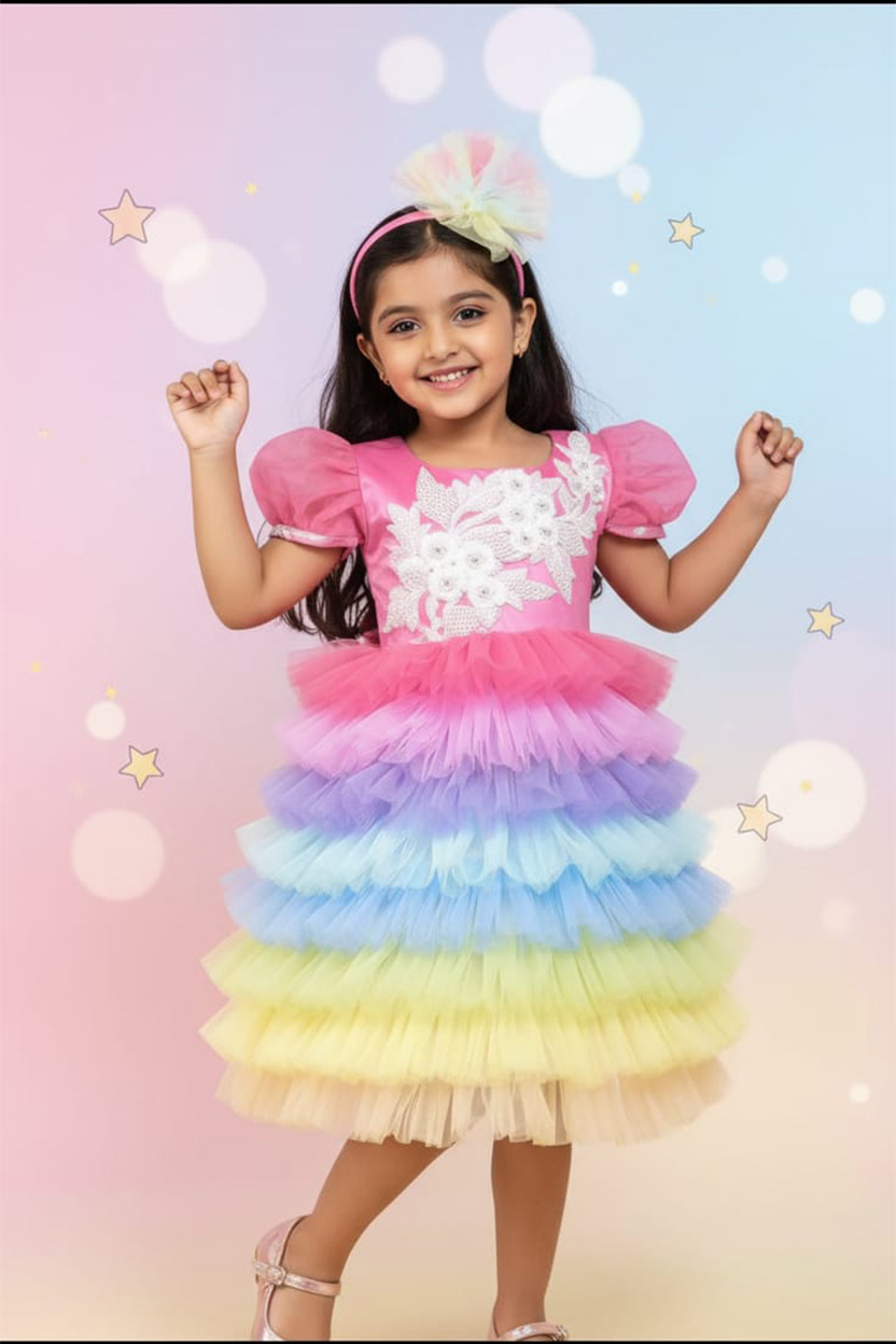 Rainbow Ruffle Tiered Party Dress for Girls - Image 3