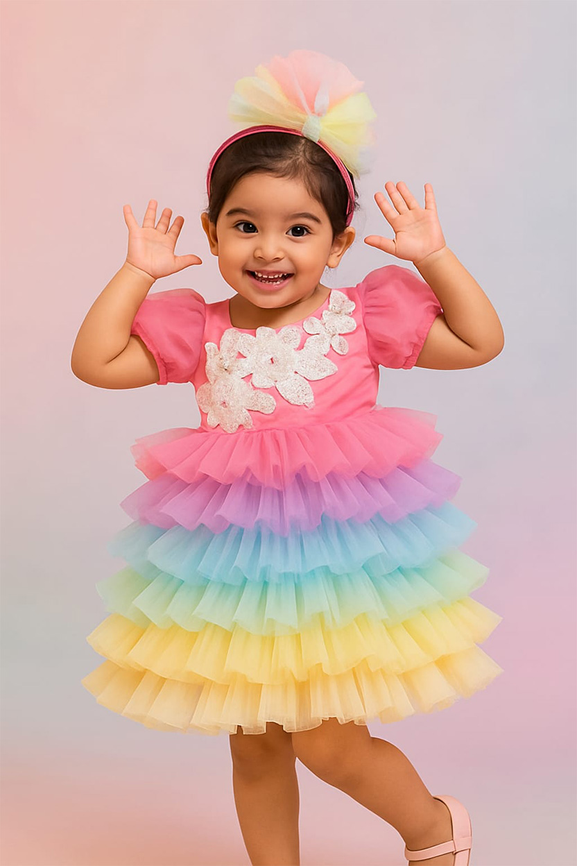Rainbow Ruffle Tiered Party Dress for Girls