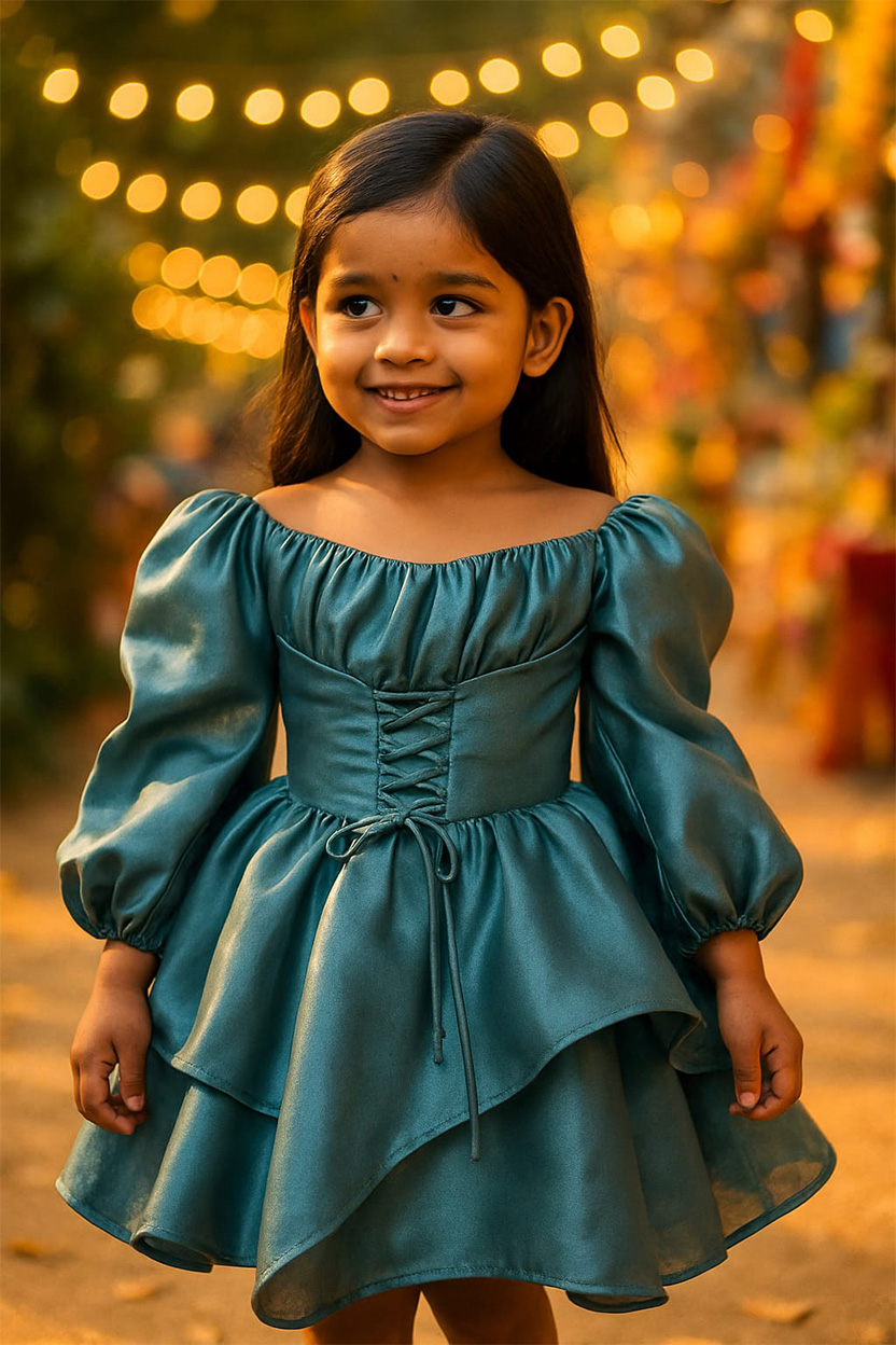 Teal Off-Shoulder Corset Mini Dress for Girls - Image 2