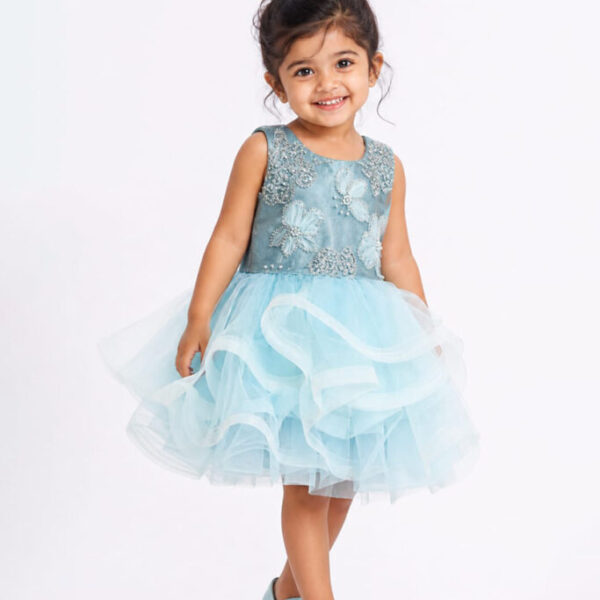 Mint Blue Butterfly Embellished Tulle Frock for Girls