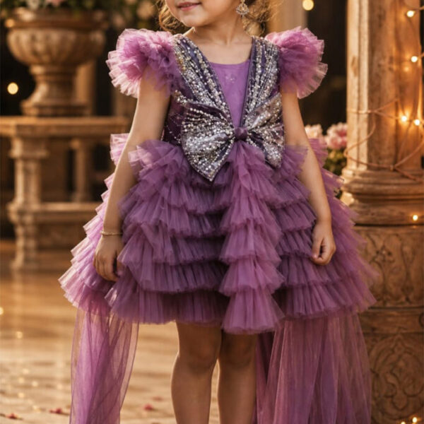 Lilac Ruffle Tiered High-Low Gown with Crystal Bow for Girls