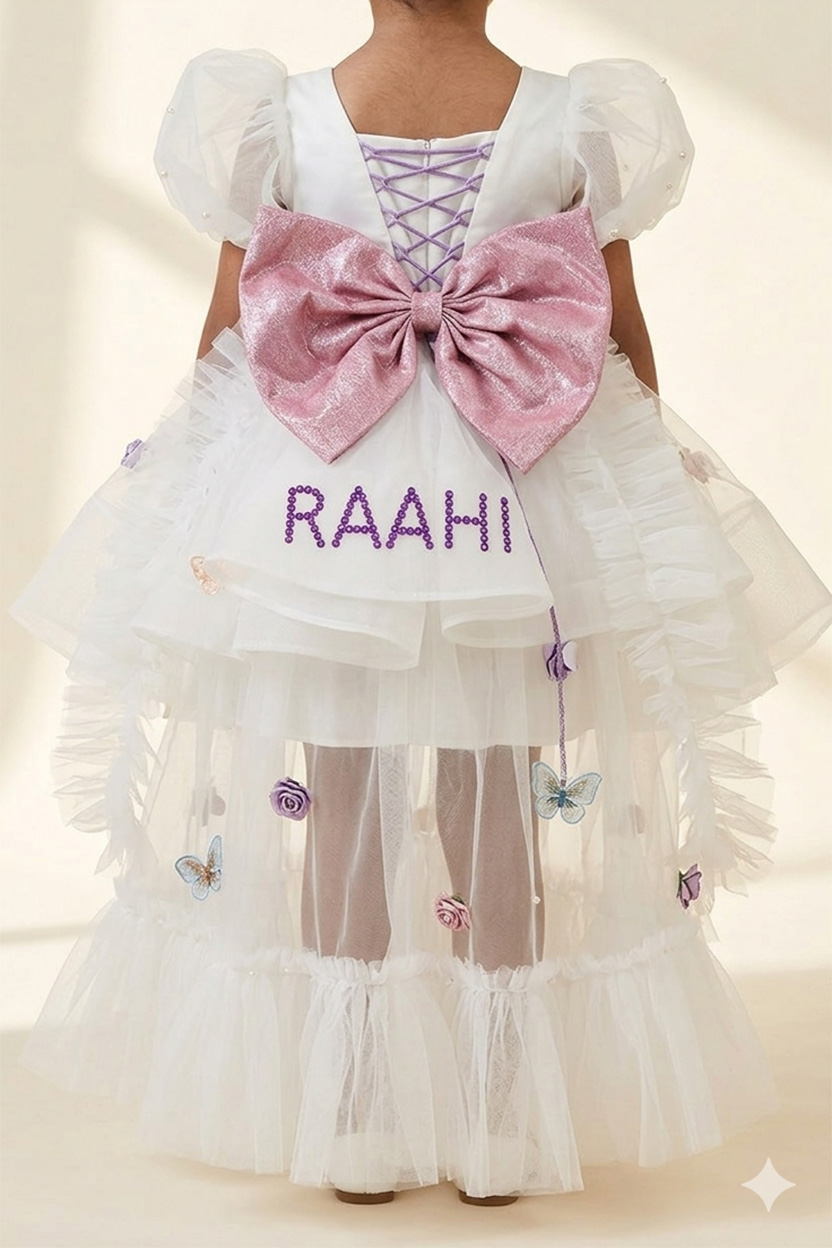 White Floral Butterfly Personalised Gown for Girls - Image 4