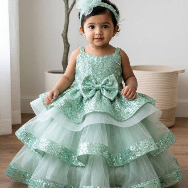 Mint Green Sequin Bow Tiered Baby Frock
