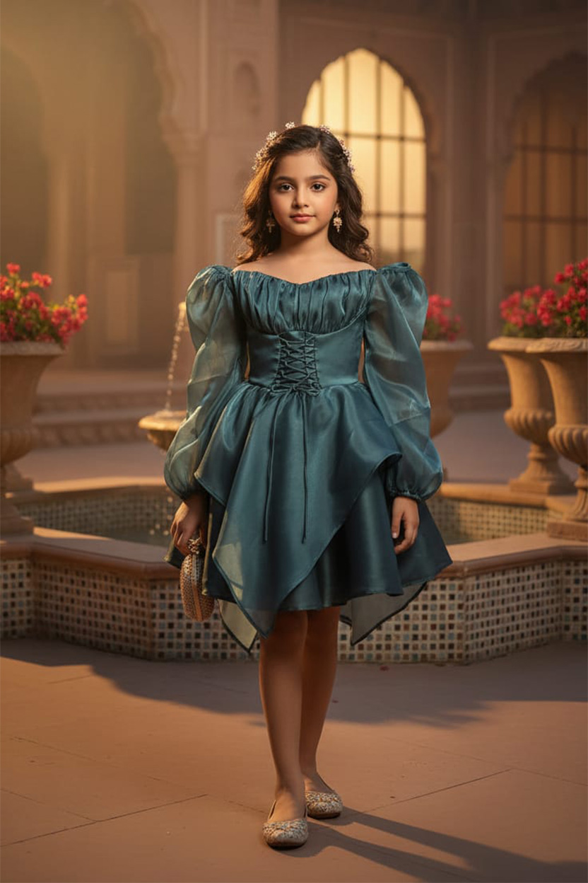 Teal Off-Shoulder Corset Mini Dress for Girls
