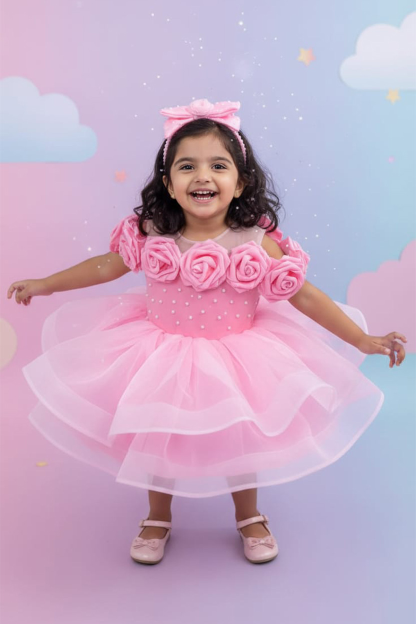 Pink Rose Pearl Tutu Dress for Girls