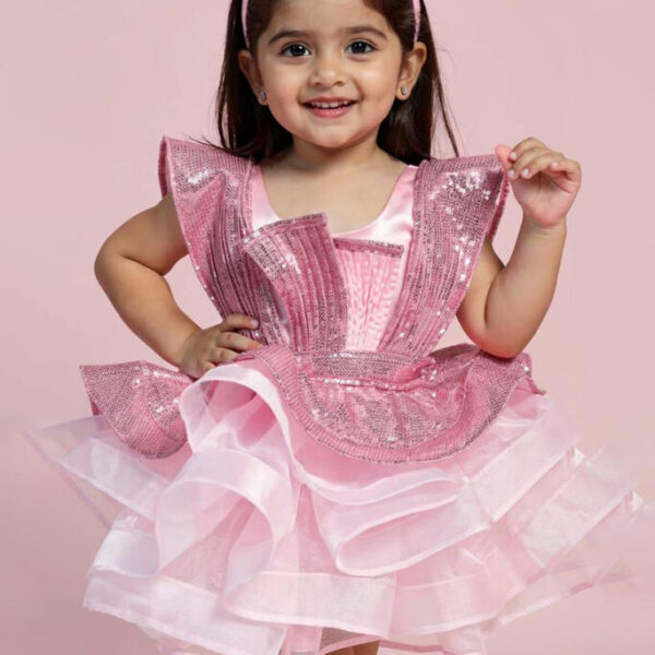 Pink Sequin Structured Organza Frock for Girls
