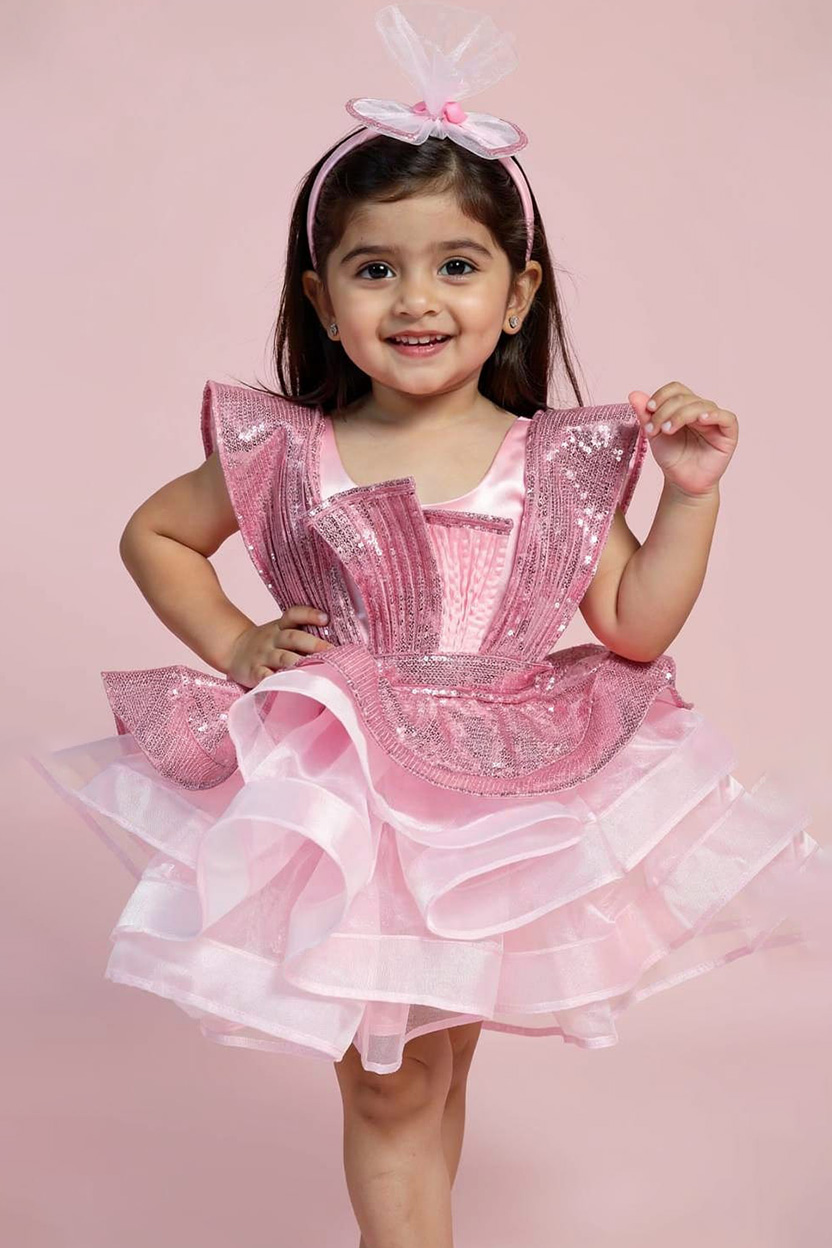 Pink Sequin Structured Organza Frock for Girls