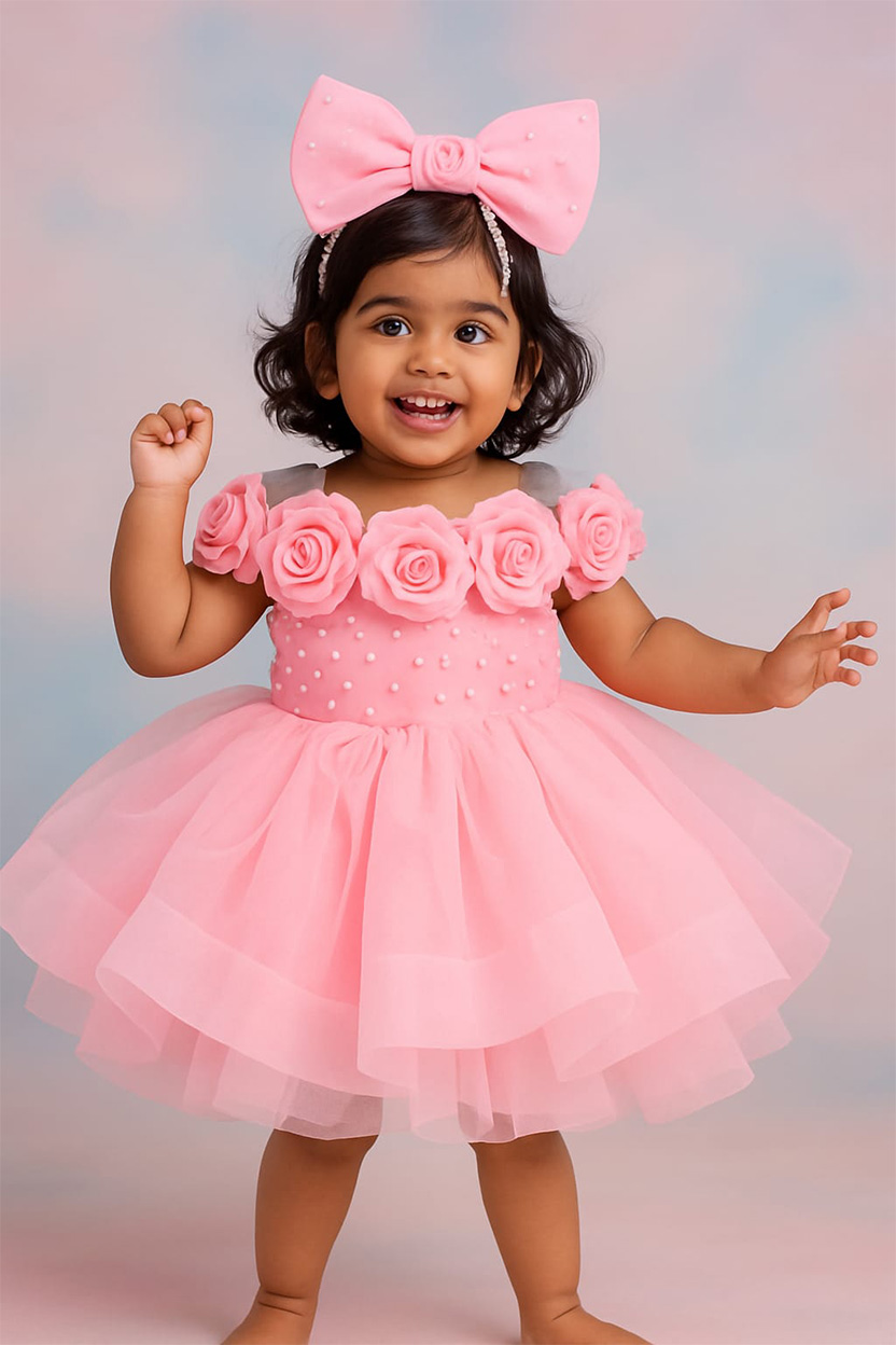 Pink Rose Pearl Tutu Dress for Girls - Image 3