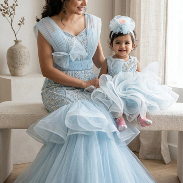 Ice Blue Pearl Embellished Mermaid Mom & Baby Matching Set