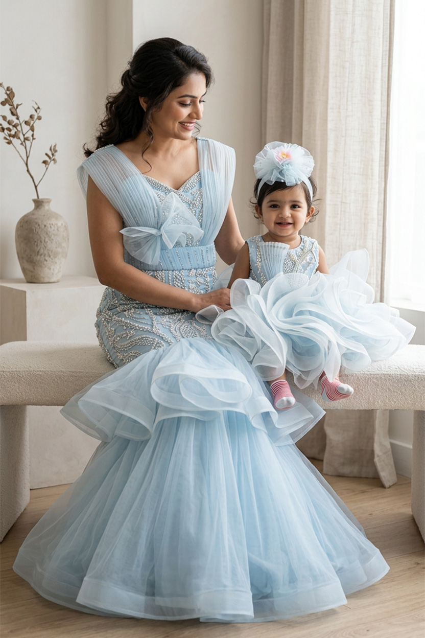 Ice Blue Pearl Embellished Mermaid Mom & Baby Matching Set