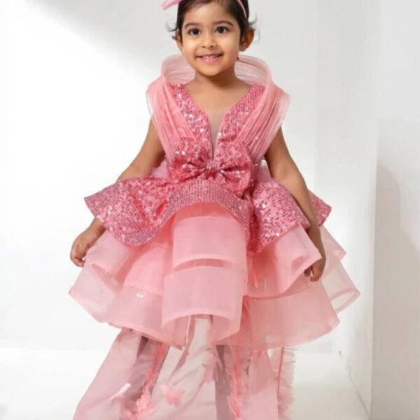 Baby Pink Sequin Peplum Butterfly Trail Gown for Girls
