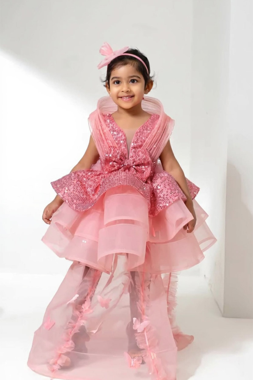 Baby Pink Sequin Peplum Butterfly Trail Gown for Girls