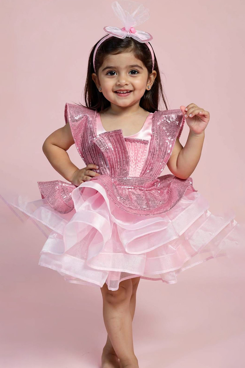 Pink Sequin Structured Organza Frock for Girls - Image 2