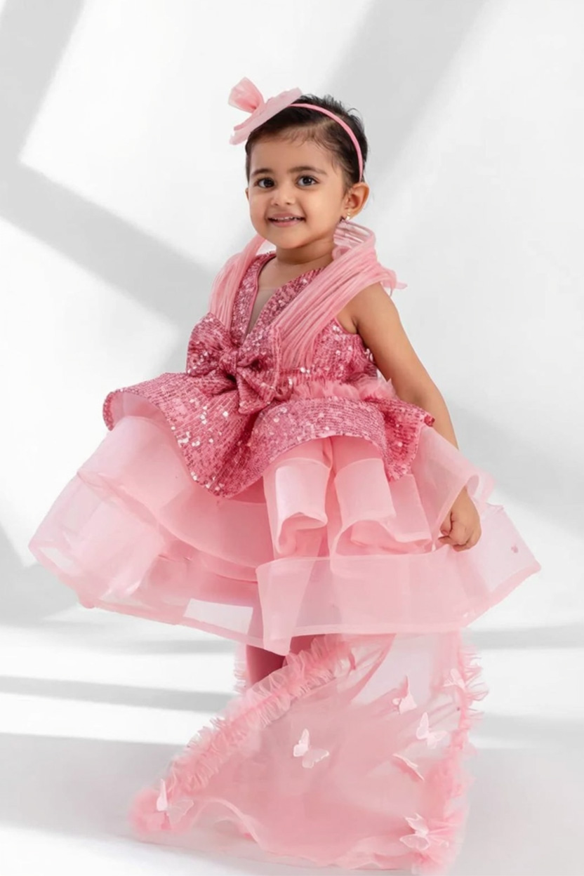 Baby Pink Sequin Peplum Butterfly Trail Gown for Girls - Image 3