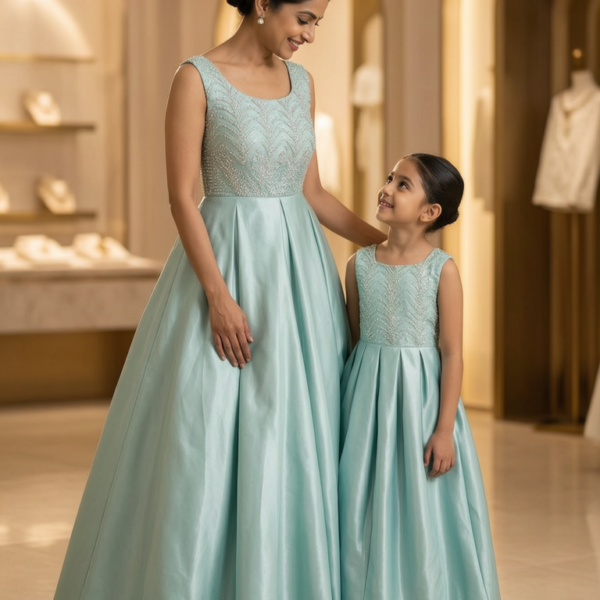 Mint Blue Pearl Embroidered Mom & Daughter Satin Gown Set