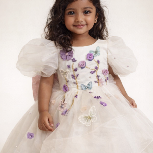 White Floral Butterfly Personalised Gown for Girls