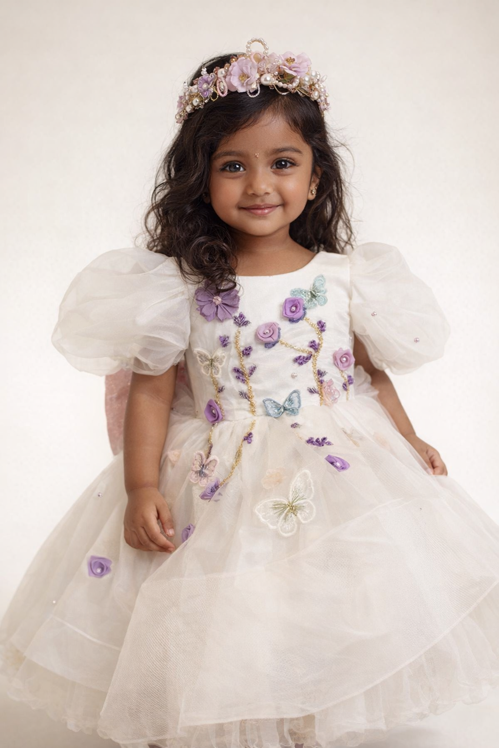 White Floral Butterfly Personalised Gown for Girls