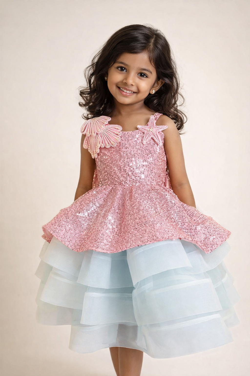 Pink Mermaid Sequin Shell & Starfish Frock for Girls - Image 3