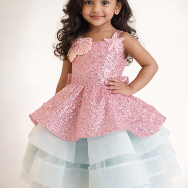 Pink Mermaid Sequin Shell & Starfish Frock for Girls