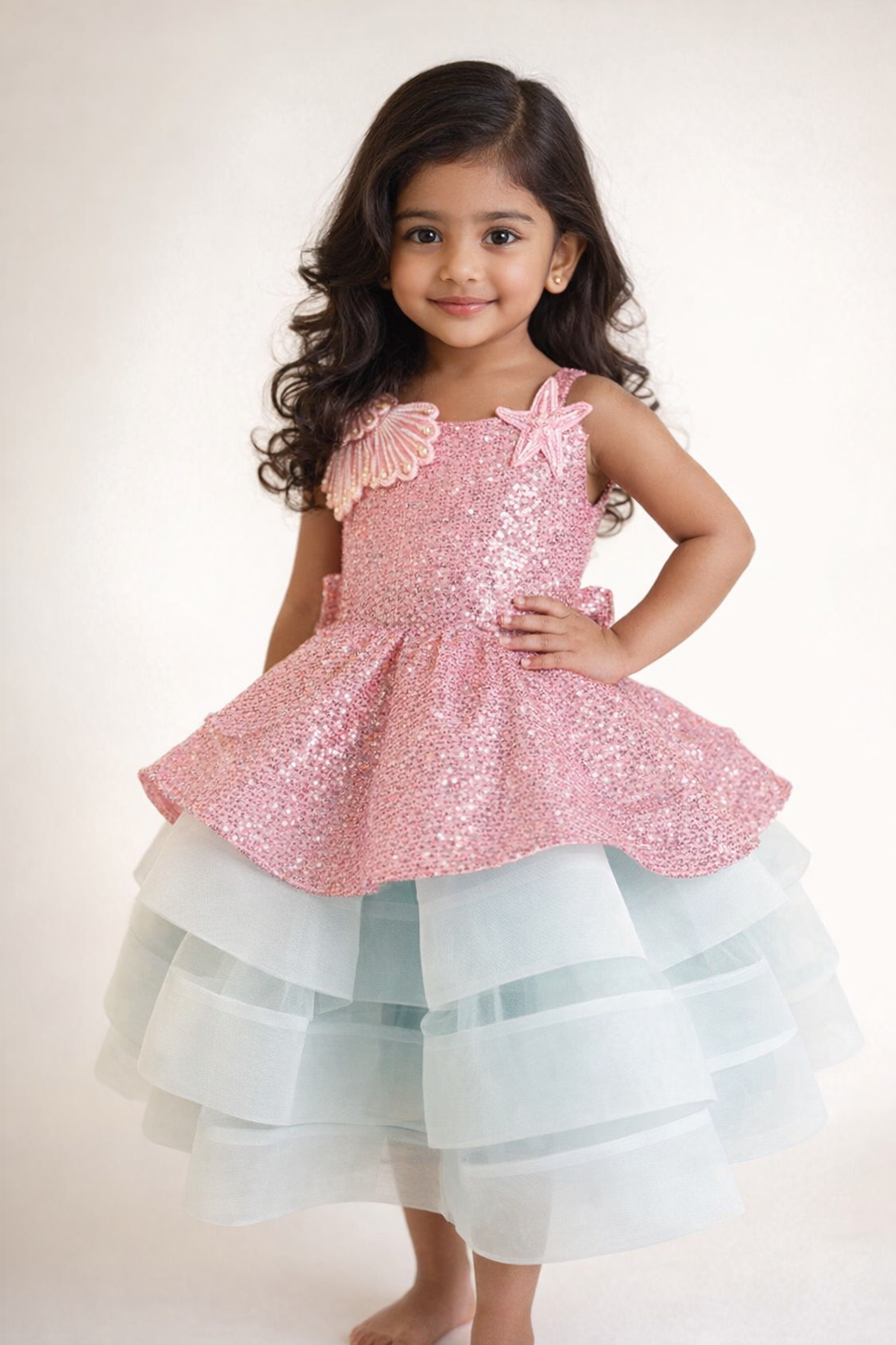 Pink Mermaid Sequin Shell & Starfish Frock for Girls