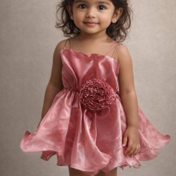 Rose Pink Satin Organza Rosette Frock for Baby Girls