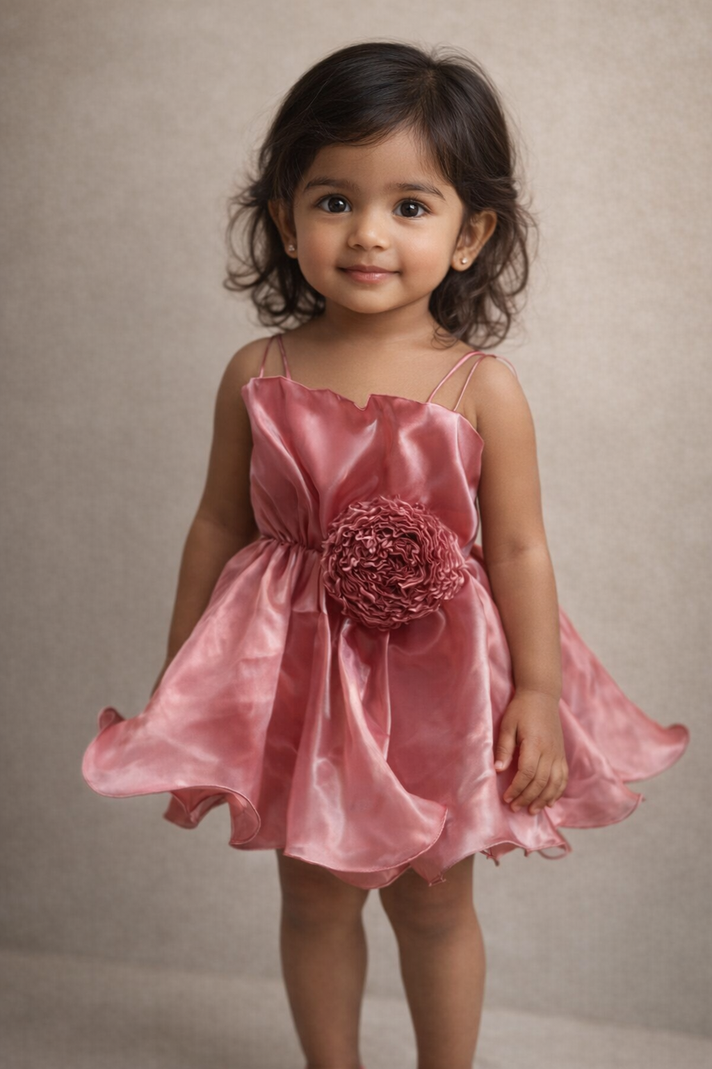 Rose Pink Satin Organza Rosette Frock for Baby Girls