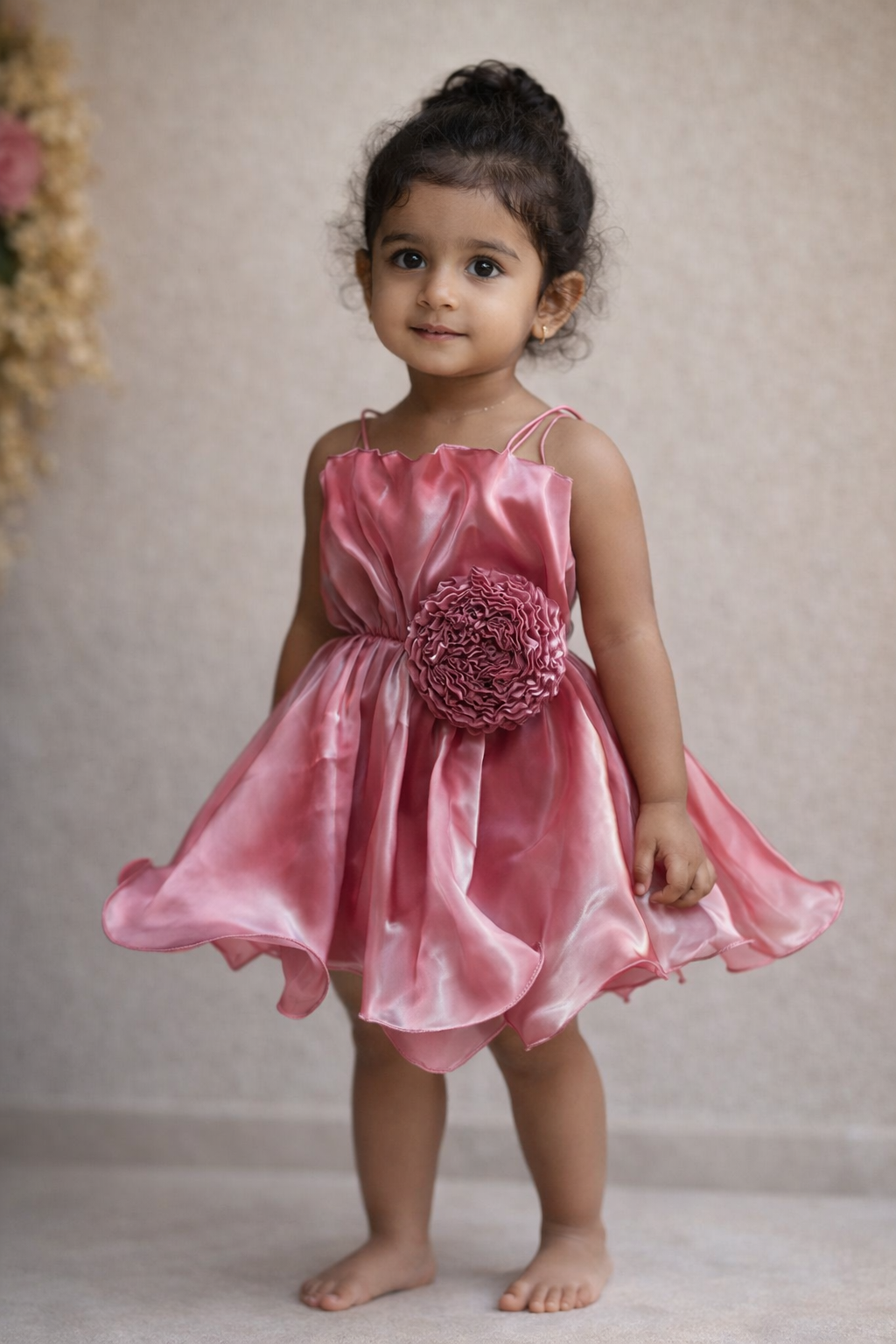 Rose Pink Satin Organza Rosette Frock for Baby Girls - Image 3