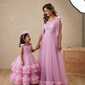 Lilac Pink Pearl Tulle Ruffle Mom & Daughter Matching Gown Set