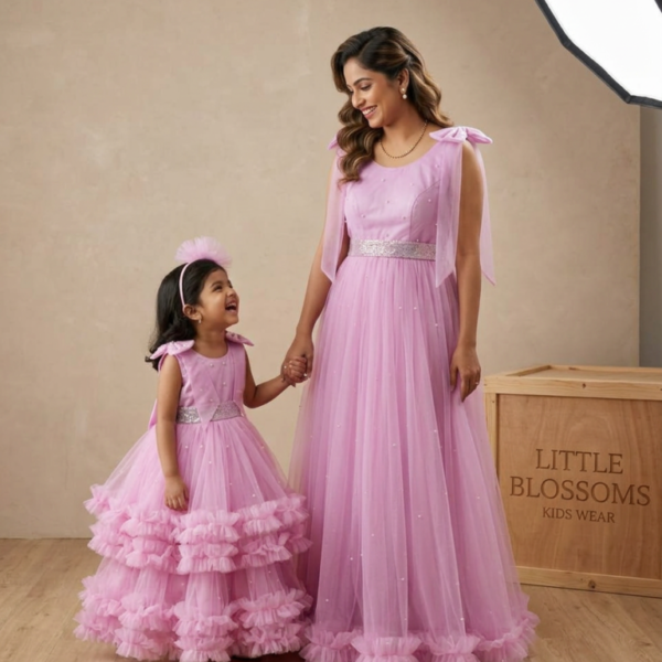 Lilac Pink Pearl Tulle Ruffle Mom & Daughter Matching Gown Set