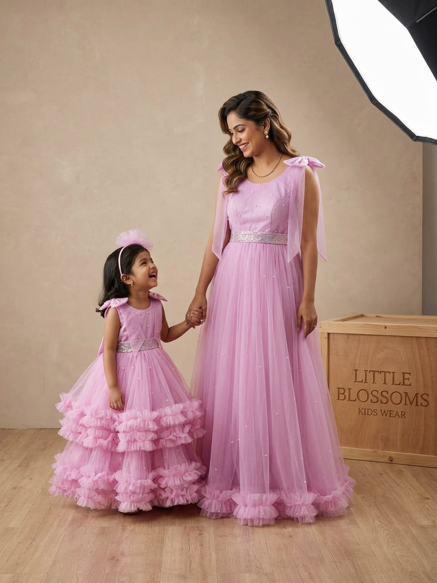 Lilac Pink Pearl Tulle Ruffle Mom & Daughter Matching Gown Set