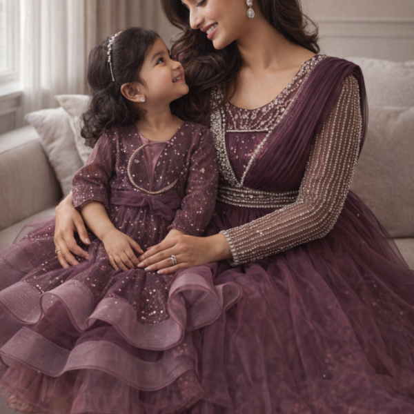 Deep Plum Crystal Embellished Mom & Daughter Matching Gown Set