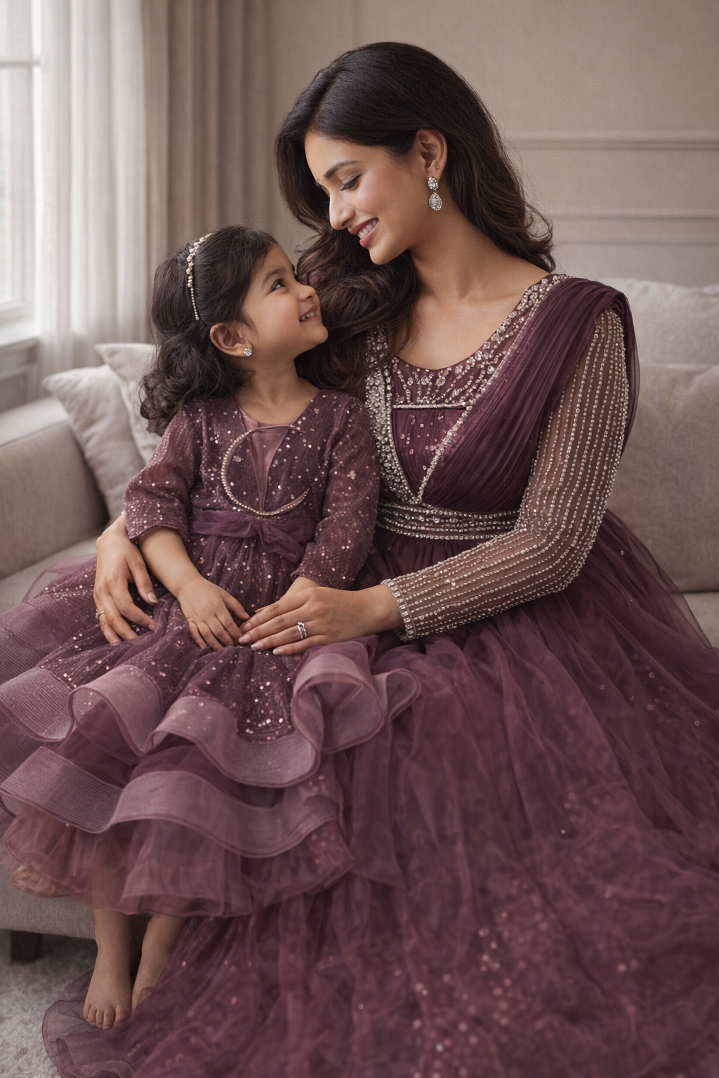 Deep Plum Crystal Embellished Mom & Daughter Matching Gown Set