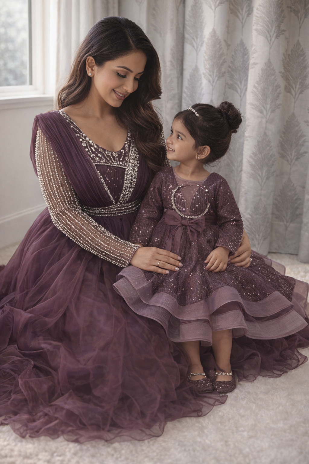 Deep Plum Crystal Embellished Mom & Daughter Matching Gown Set - Image 2